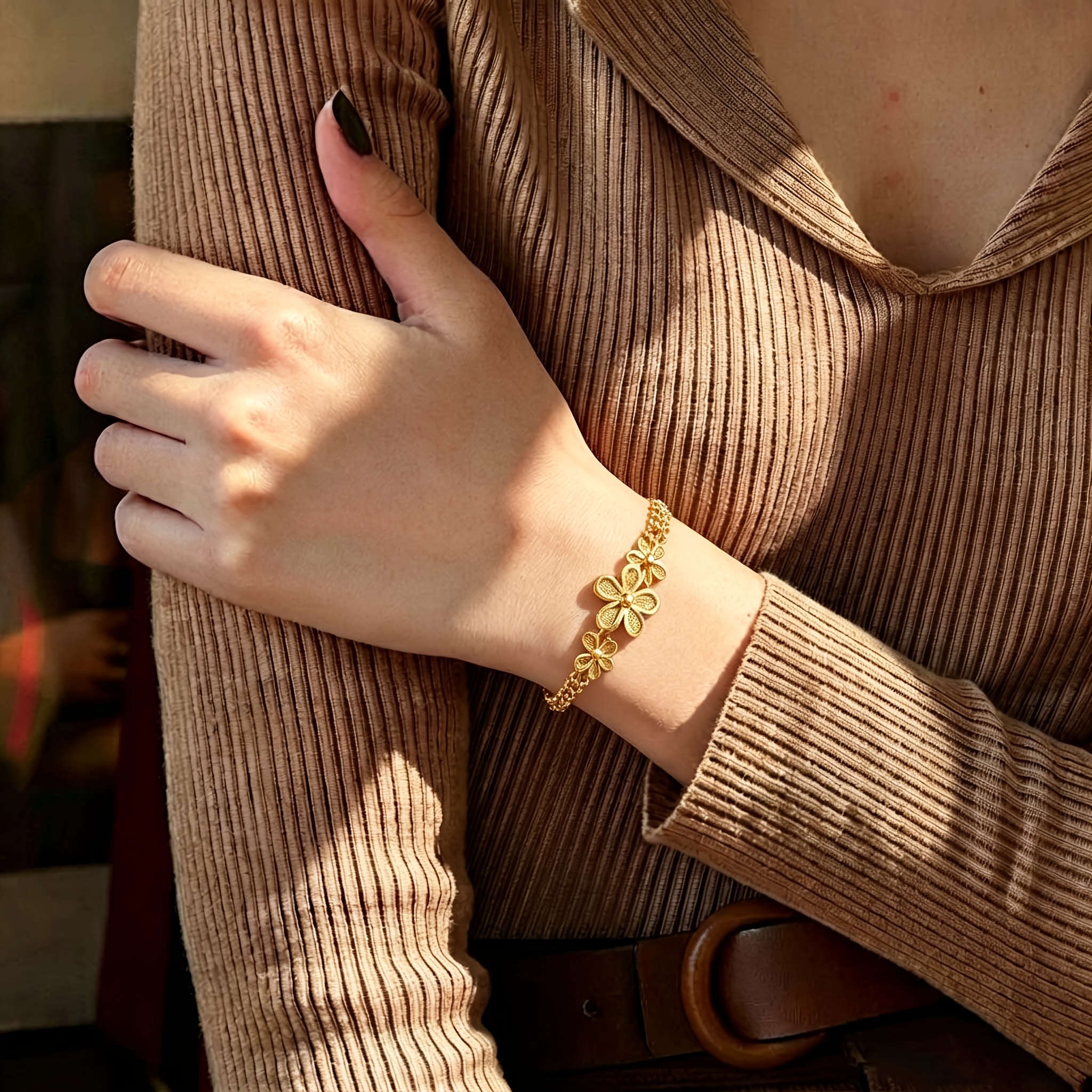 Elegant Golden Flower Matte Stainless Steel Bracelet, Unisex